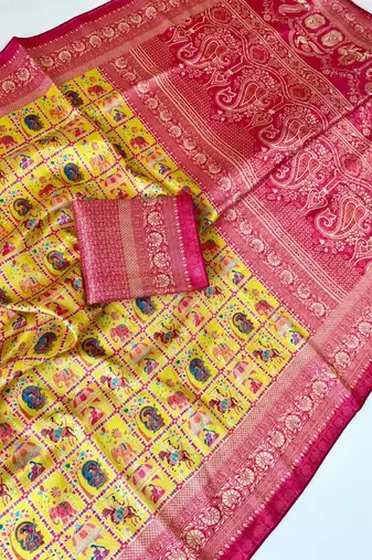 YellowColor Digital Print Pasmina weaving Silk Saree