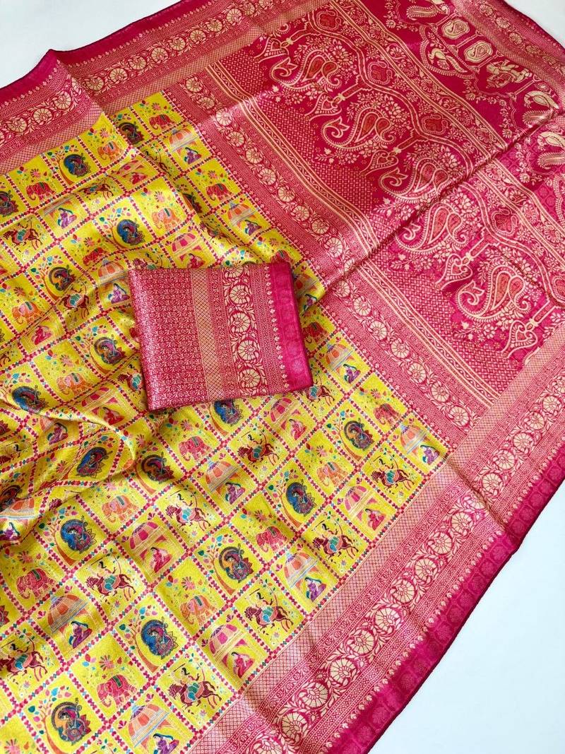 YellowColor Digital Print Pasmina weaving Silk Saree