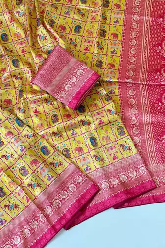 YellowColor Digital Print Pasmina weaving Silk Saree