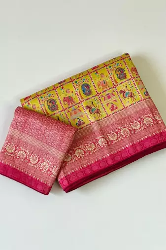 YellowColor Digital Print Pasmina weaving Silk Saree