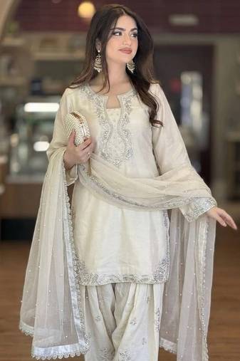 White  Roman Glass Silk sequins salwar kamees