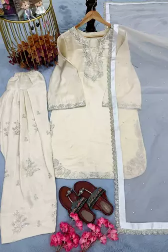 White  Roman Glass Silk sequins salwar kamees