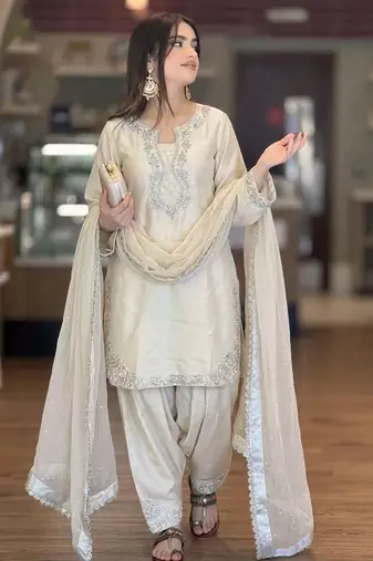 White  Roman Glass Silk sequins salwar kamees