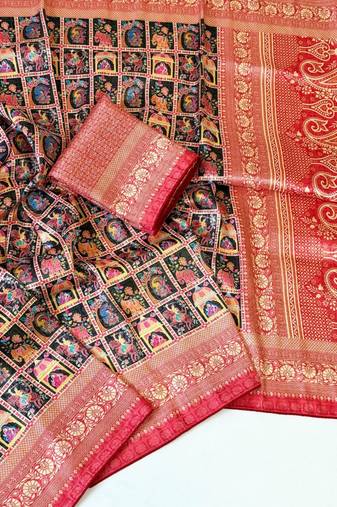 Black Color Digital Print Pasmina weaving Silk Saree