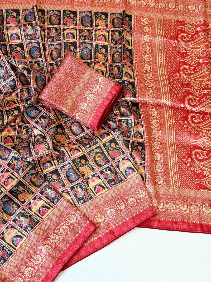 Black Color Digital Print Pasmina weaving Silk Saree