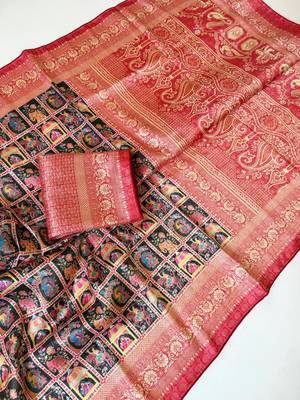 Black Color Digital Print Pasmina weaving Silk Saree 2