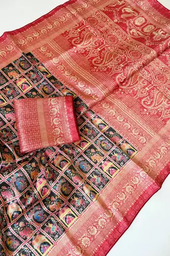 Black Color Digital Print Pasmina weaving Silk Saree