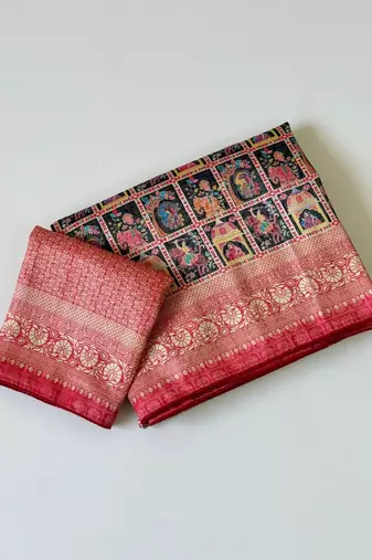 Black Color Digital Print Pasmina weaving Silk Saree