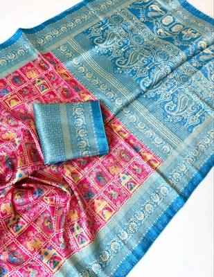 Pink Color Digital Print Pasmina weaving Silk Saree 1