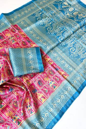 Pink Color Digital Print Pasmina weaving Silk Saree