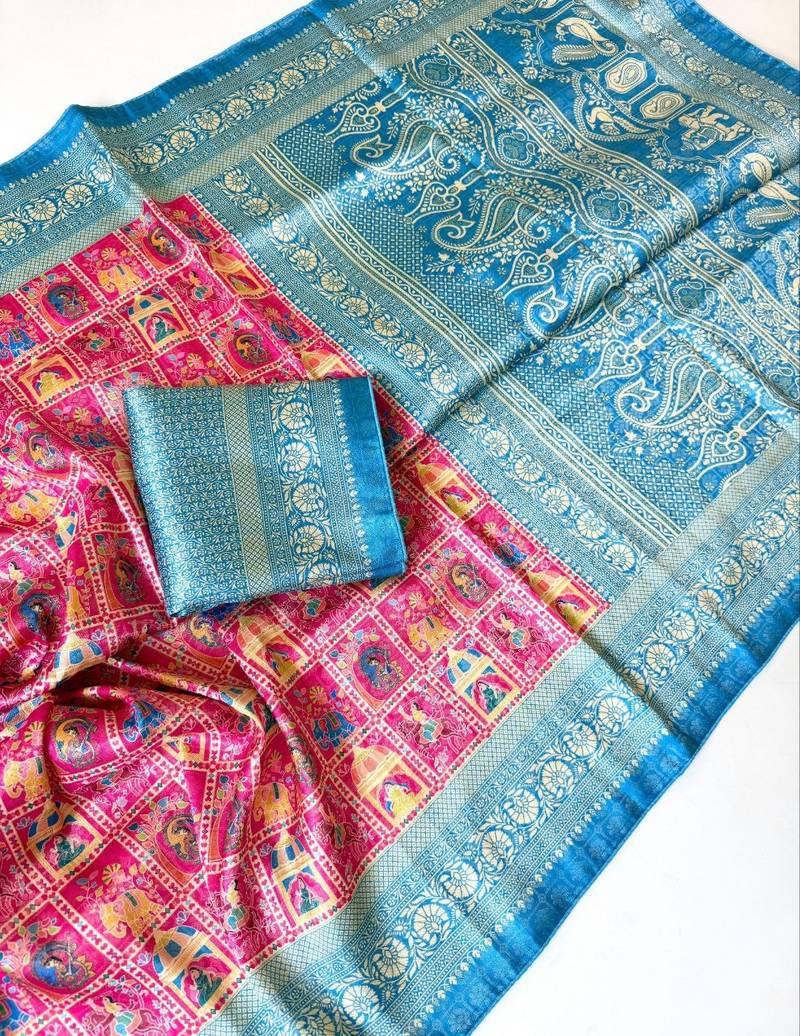 Pink Color Digital Print Pasmina weaving Silk Saree
