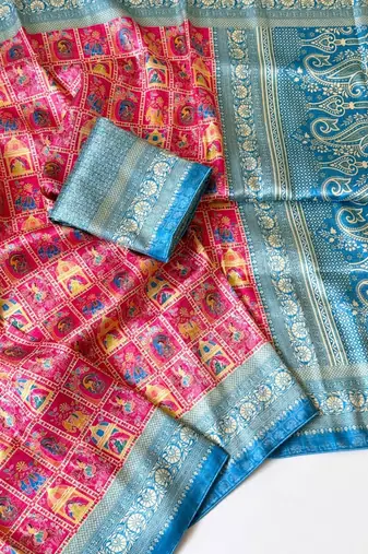 Pink Color Digital Print Pasmina weaving Silk Saree