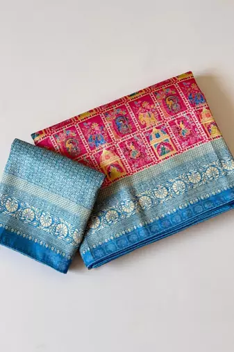 Pink Color Digital Print Pasmina weaving Silk Saree