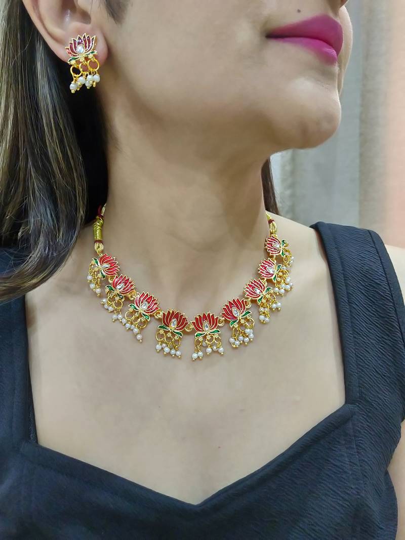 Red meenakari necklace set