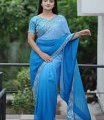 Blue Color Embroidered Lace Border with Real Mirror Work Faux Georgatte Saree