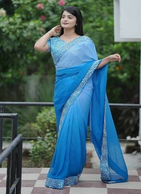 Blue Color Embroidered Lace Border with Real Mirror Work Faux Georgatte Saree 2