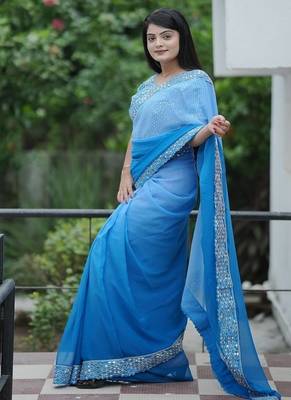 Blue Color Embroidered Lace Border with Real Mirror Work Faux Georgatte Saree 3