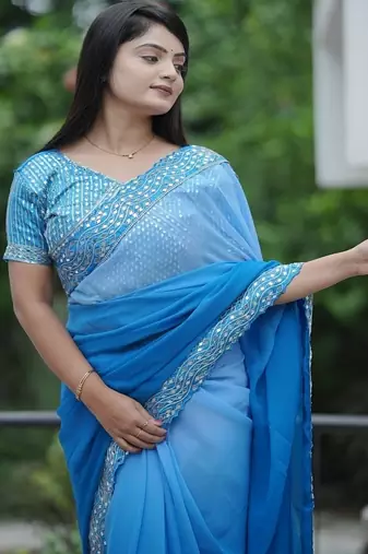 Blue Color Embroidered Lace Border with Real Mirror Work Faux Georgatte Saree