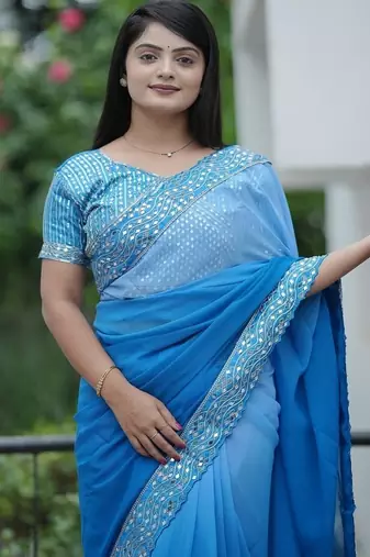 Blue Color Embroidered Lace Border with Real Mirror Work Faux Georgatte Saree