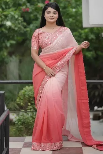 Peach Color Embroidered Lace Border with Real Mirror Work Faux Georgatte Saree