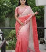 Peach Color Embroidered Lace Border with Real Mirror Work Faux Georgatte Saree