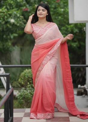 Peach Color Embroidered Lace Border with Real Mirror Work Faux Georgatte Saree 2