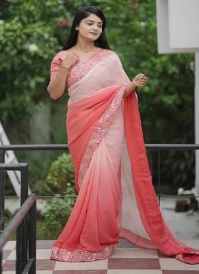 Peach Color Embroidered Lace Border with Real Mirror Work Faux Georgatte Saree 3