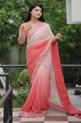 Peach Color Embroidered Lace Border with Real Mirror Work Faux Georgatte Saree