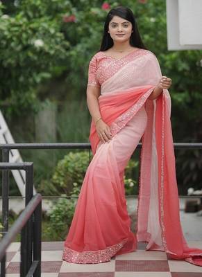 Peach Color Embroidered Lace Border with Real Mirror Work Faux Georgatte Saree 4