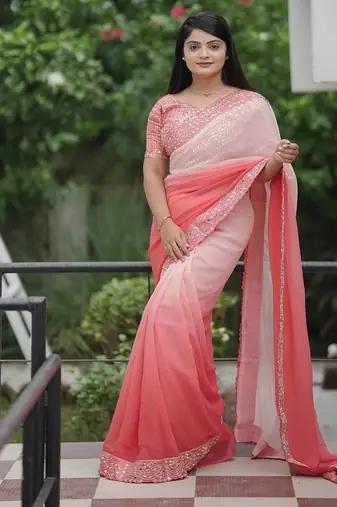 Peach Color Embroidered Lace Border with Real Mirror Work Faux Georgatte Saree