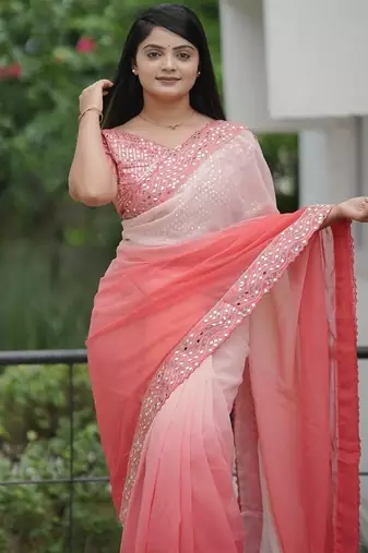Peach Color Embroidered Lace Border with Real Mirror Work Faux Georgatte Saree