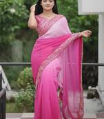 Pink Color Embroidered Lace Border with Real Mirror Work Faux Georgatte Saree