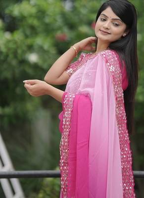 Pink Color Embroidered Lace Border with Real Mirror Work Faux Georgatte Saree 3