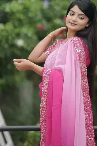 Pink Color Embroidered Lace Border with Real Mirror Work Faux Georgatte Saree
