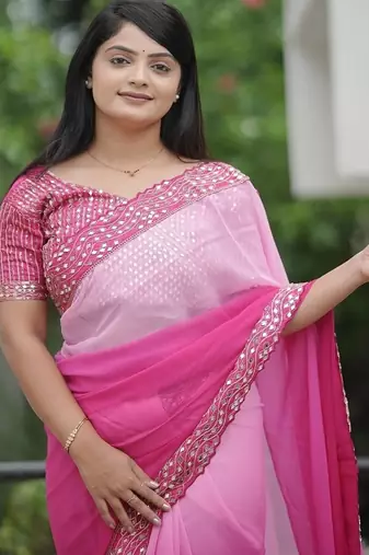 Pink Color Embroidered Lace Border with Real Mirror Work Faux Georgatte Saree