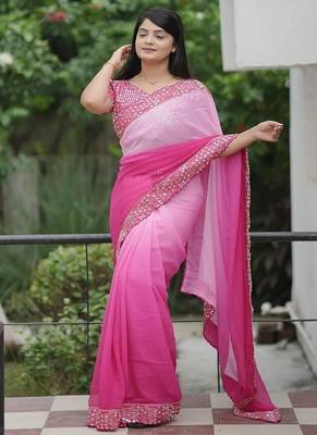 Pink Color Embroidered Lace Border with Real Mirror Work Faux Georgatte Saree 5