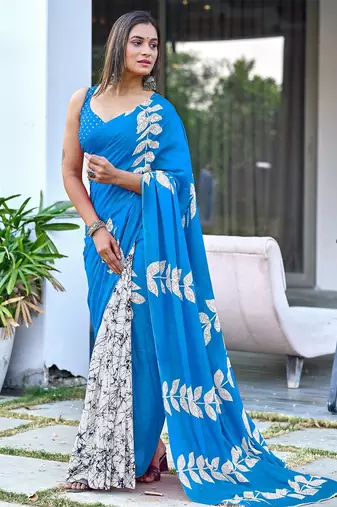 Blue block print soft pure cotton saree with blouse.