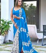Blue block print soft pure cotton saree with blouse.