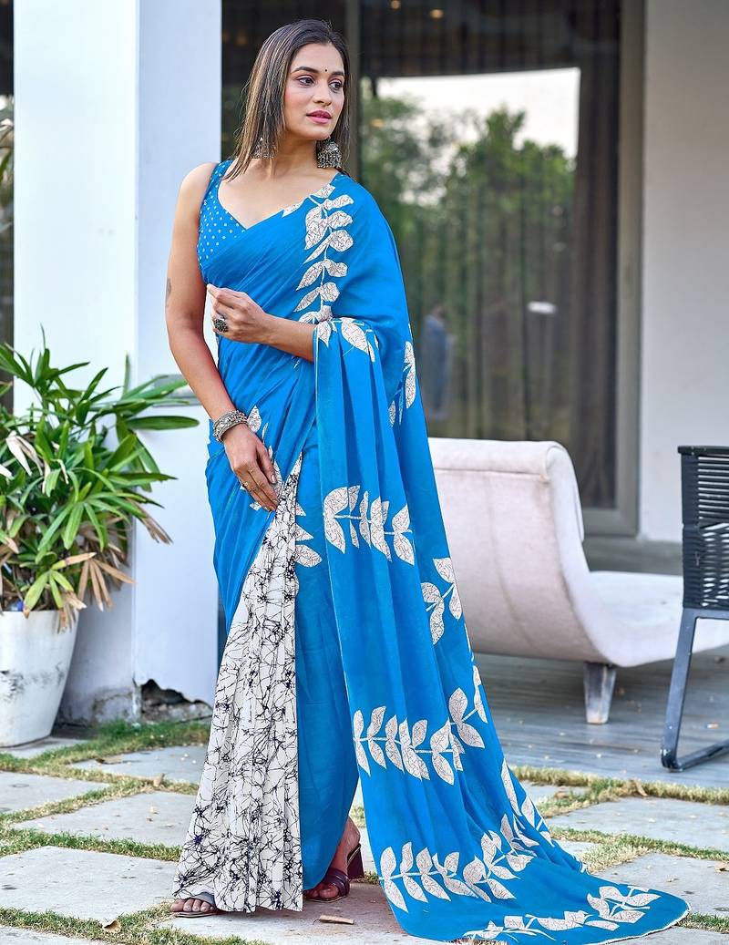 Blue block print soft pure cotton saree with blouse.