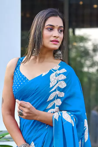 Blue block print soft pure cotton saree with blouse.