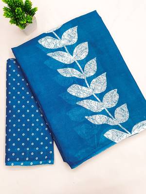 Blue block print soft pure cotton saree with blouse. 5