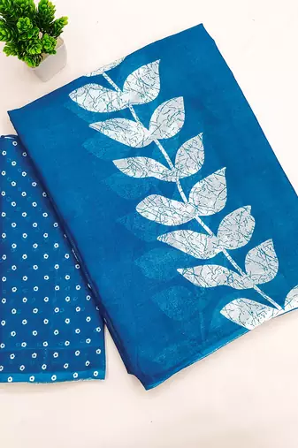 Blue block print soft pure cotton saree with blouse.