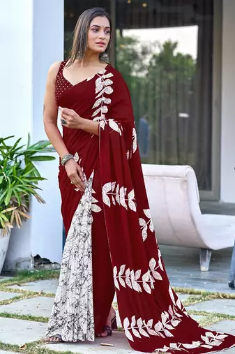 Maroon block print soft pure cotton saree with blouse.