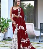 Maroon block print soft pure cotton saree with blouse.