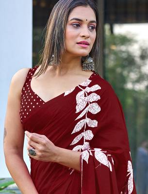 Maroon block print soft pure cotton saree with blouse. 2