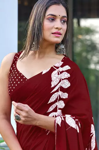 Maroon block print soft pure cotton saree with blouse.
