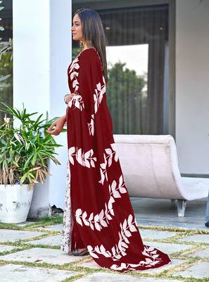 Maroon block print soft pure cotton saree with blouse. 3