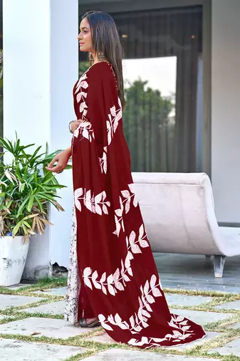 Maroon block print soft pure cotton saree with blouse.