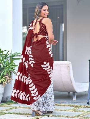 Maroon block print soft pure cotton saree with blouse. 4