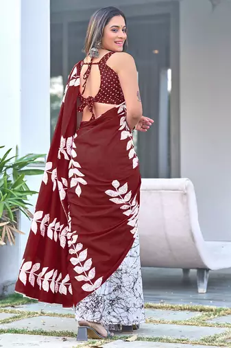 Maroon block print soft pure cotton saree with blouse.